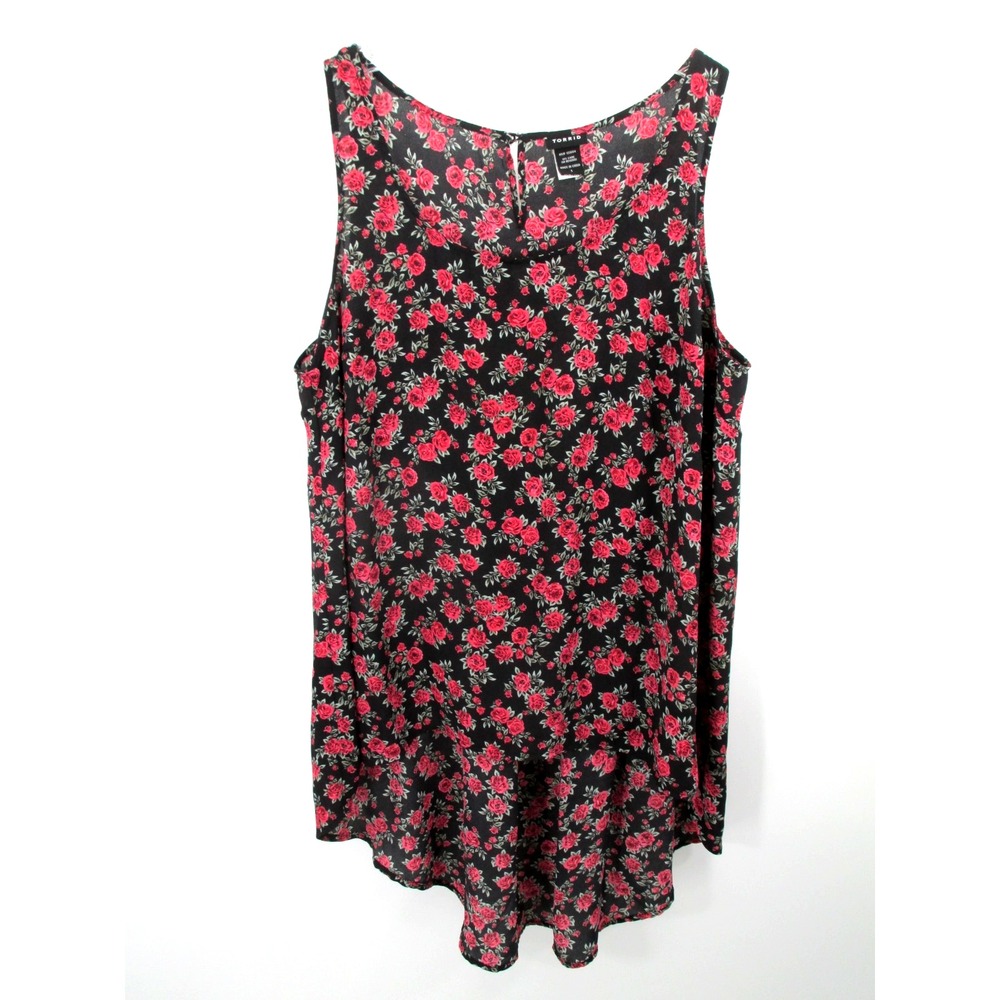 Torrid Babydoll Tunic Tank Top Womens 1 14/16 Black Floral Hi/Lo Boho 10381189